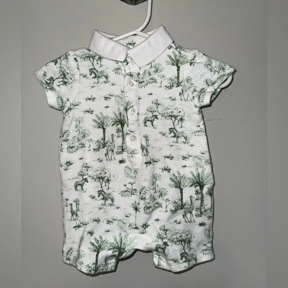 Janie and Jack Baby Tropical Toile Polo Romper Green and White Size 0-3months
